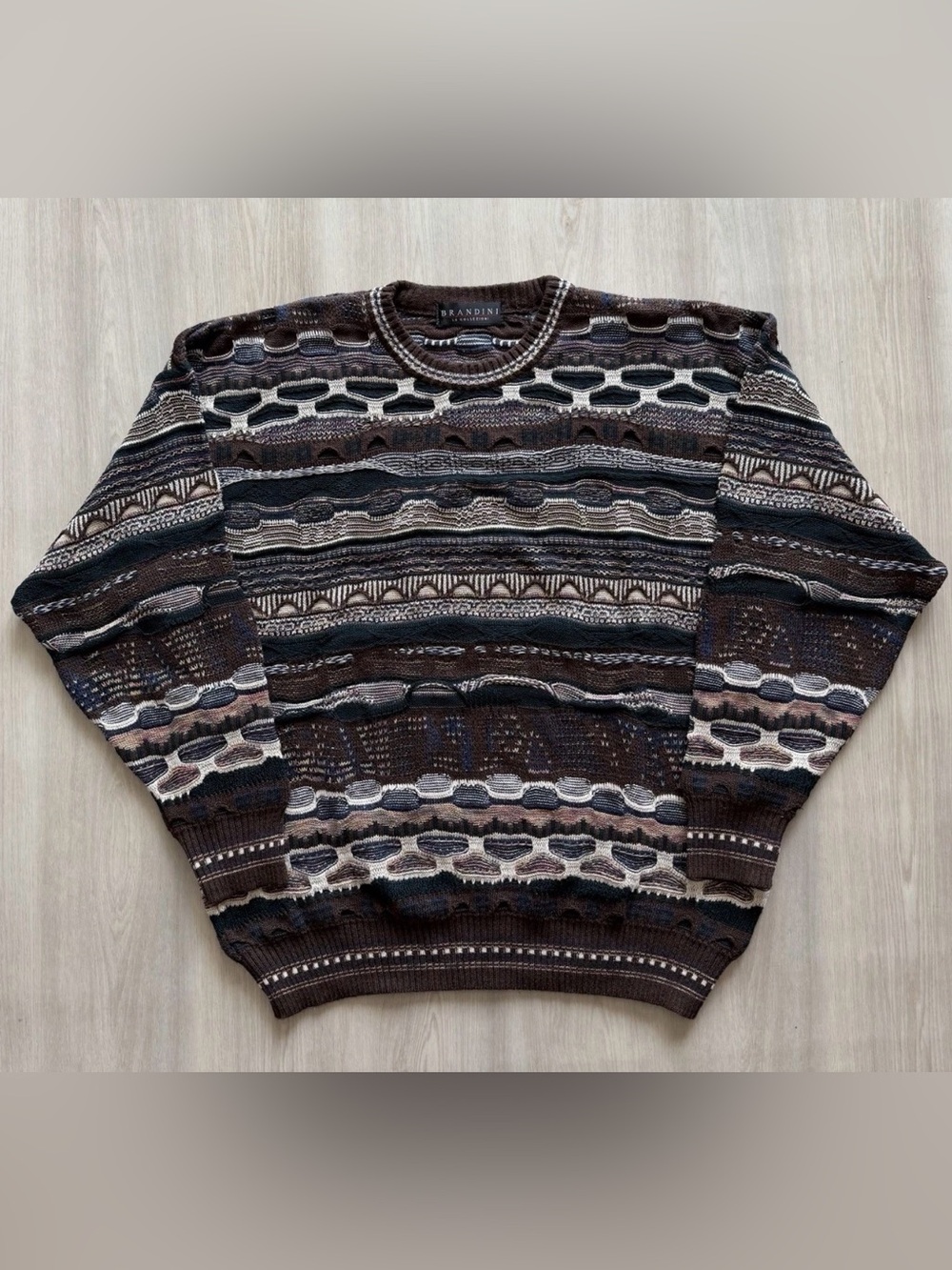 Vintage Brandini 3D Textured Coogi Style Knit Sweater Sz L Earth Tones
